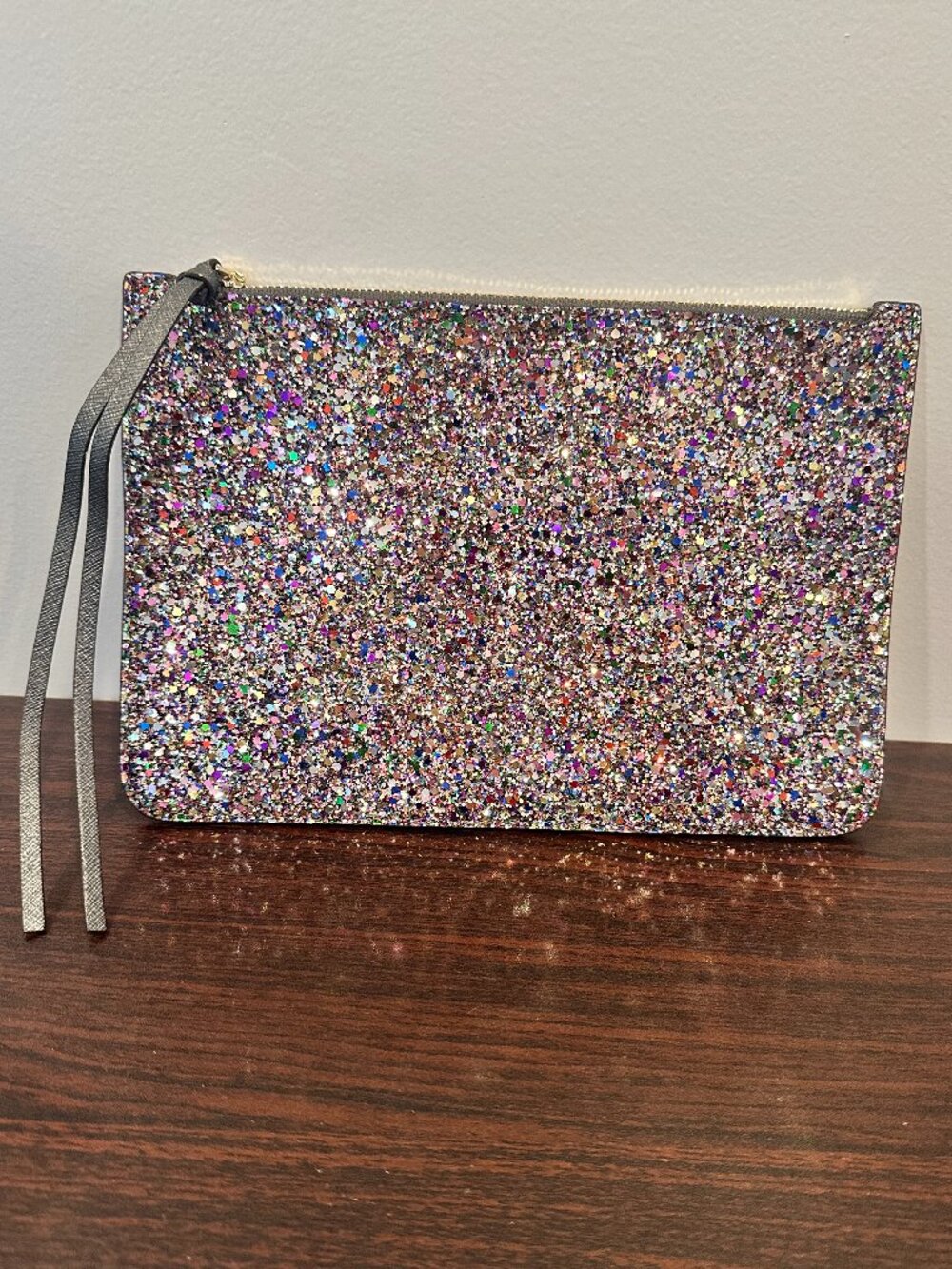 MZ Wallace Angus Glitter Pouch Clutch Gunmetal Leather NWOT